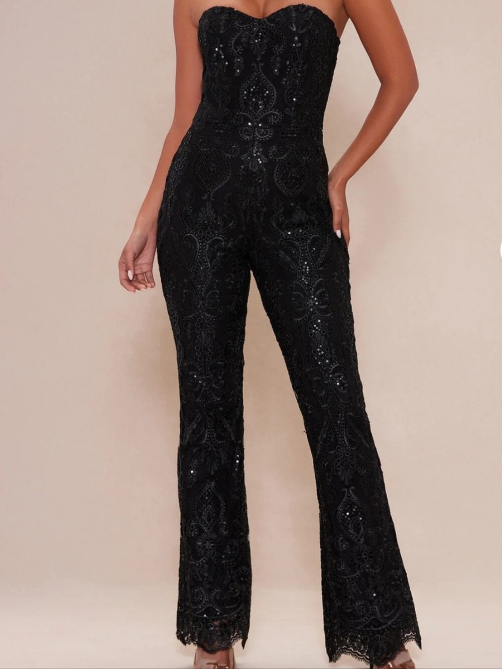 Nova Luxe Sequined Lace Embroidered Jumpsuit Black Medium